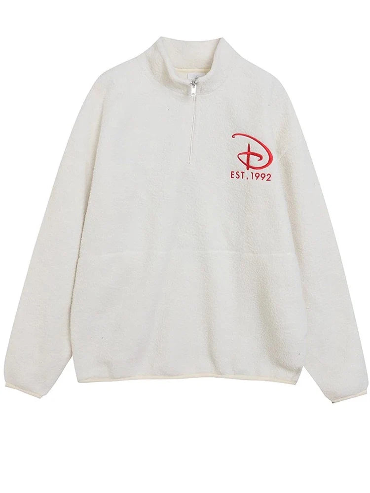 Disney Minnie Mouse Letter Print Embroidery Lamb's Wool Sweatshirt Women Long Sleeve Jacket Jumper Tops White Streetwear Female