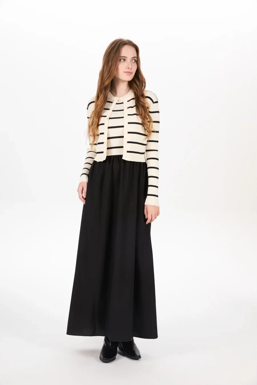 AS AW25 stripe knitting cardigan + sleeveless patch dress maxi matching set for woman clothing