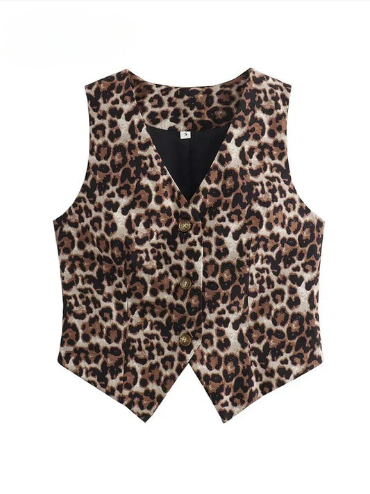 Women's Vest 2024 Fashion Leopard Summer V-Neck Single-breasted Vest