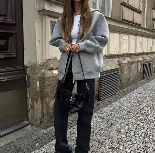 2024 Spring and Autumn New Casual Street Loose Oversize Hooded Zipper