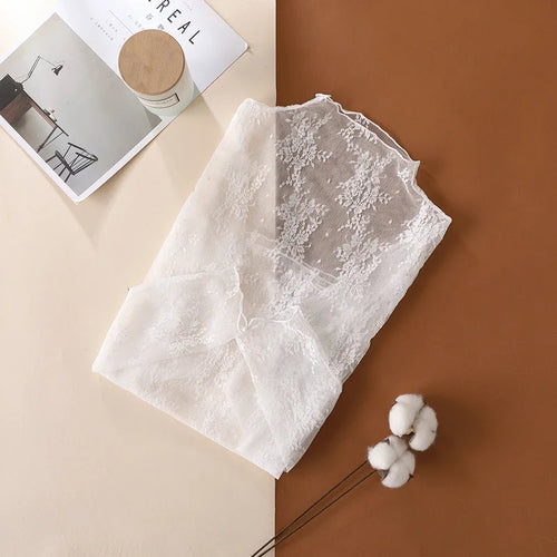 Sexy Women Mesh T-Shirts Transparent Lace Blouse Long Sleeve See