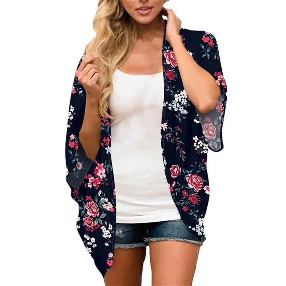 Women'S Swimwear 2023 Cardigans For Women Clearance Fashion Womens Middle Short Sleeve Print Chiffon Cardigan Beach Loose Tops