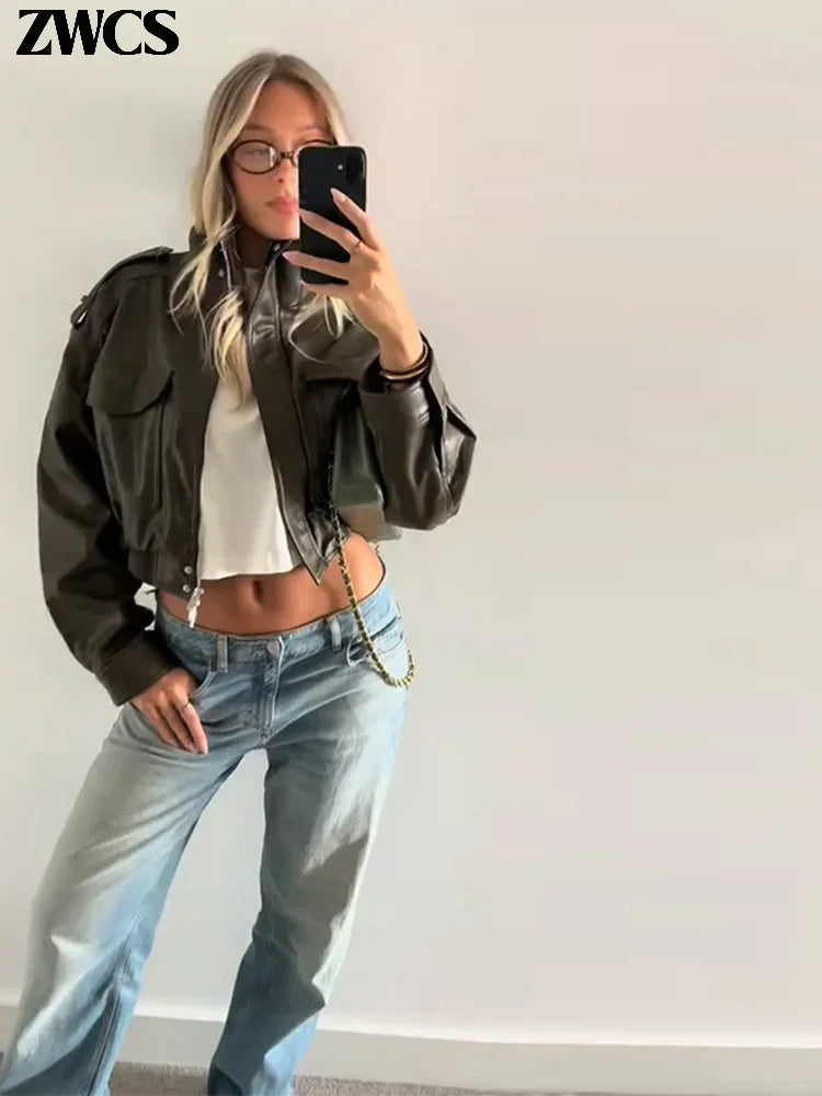 Vintage Zippers Short Leather Jackets Women's Casual Lapel Button Pockets Full Sleeve Coat 2025 Autumn New Lady Chic Streetwear