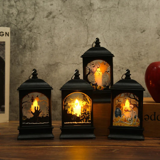Portable Pumpkin Ghost Castle Lantern Lamp Hanging LED Jack-O-Lanterns Halloween Decoration Party Flame Haunted House Props Gift