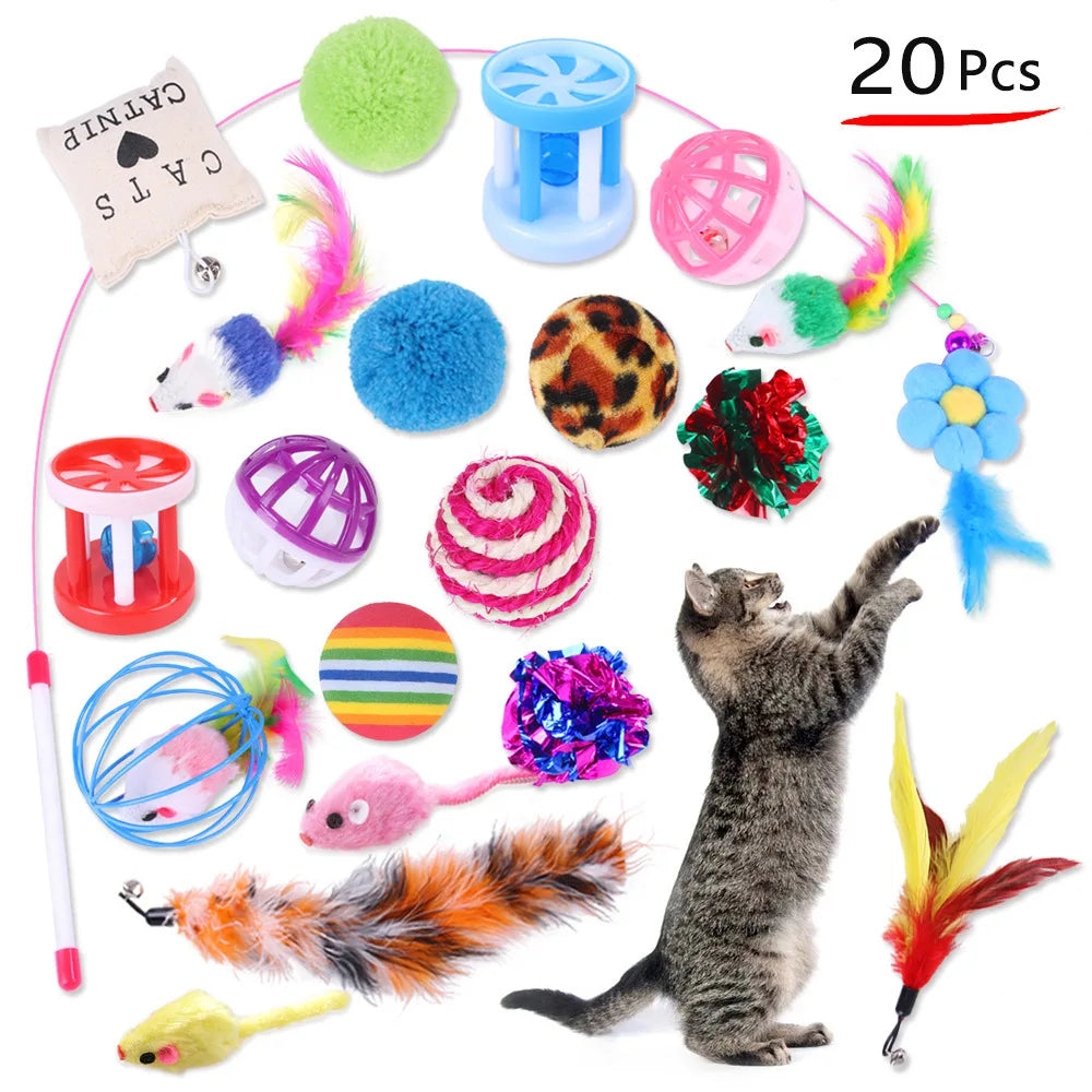 12Pcs/20 Pcs Pet Kitten Toys Variety Cat Toy Combination Set Cat Toy Funny Cat Stick Sisal Mouse Bell Ball Cat Supplies