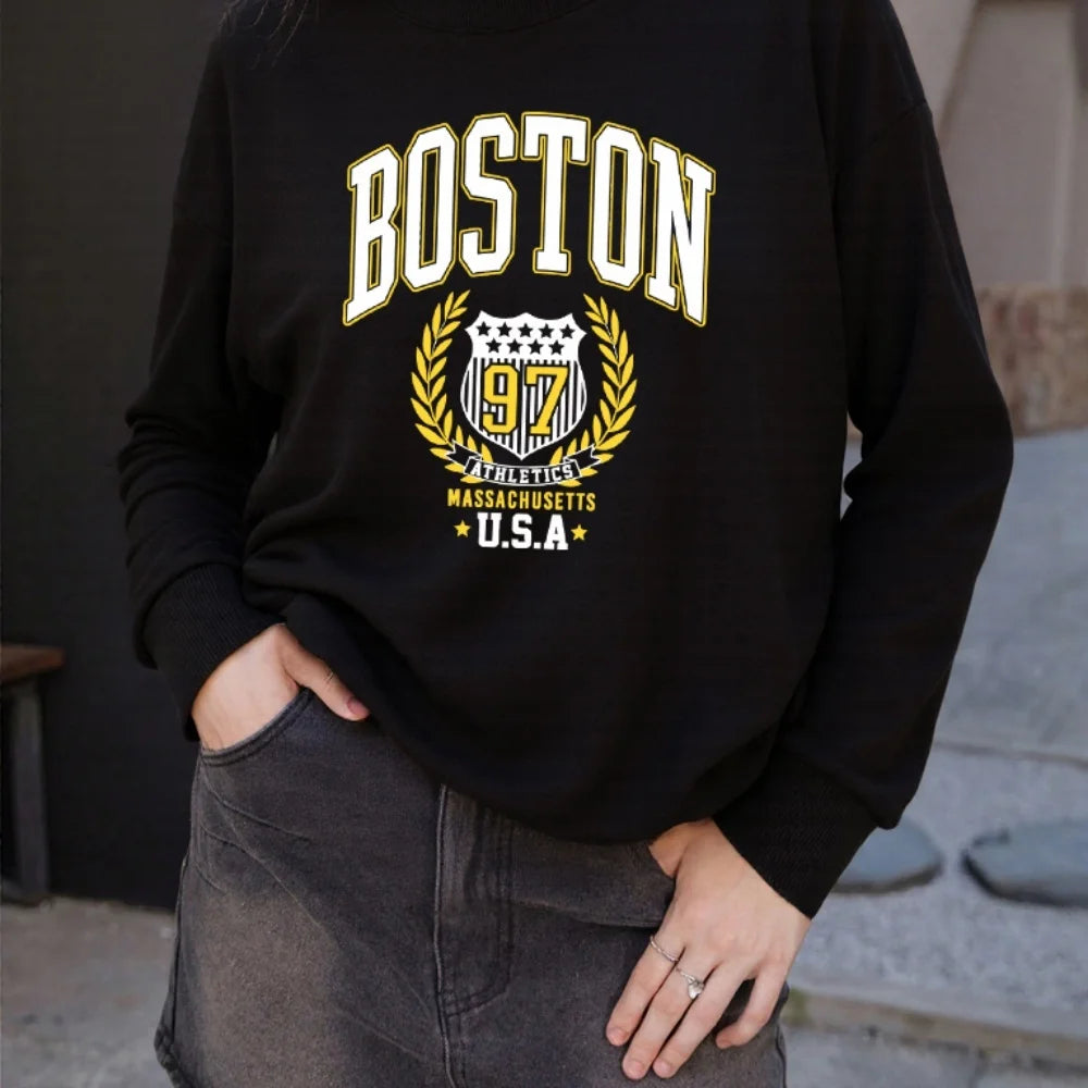 Boston USA Creative Letter Printed Woman Streetwear Hip Hop Street Clothes Autumn Sports Sweatshirt Breathable Fleece Tops