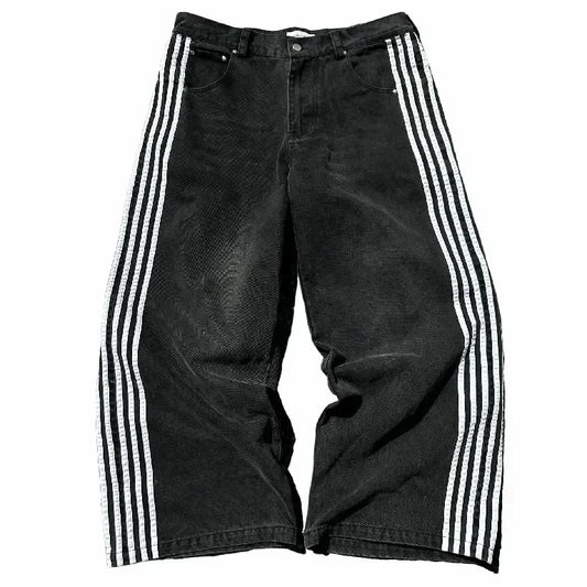 Harajuku Retro Hip Hop Mens Jeans Y2k Black Striped Baggy Jeans Gothic