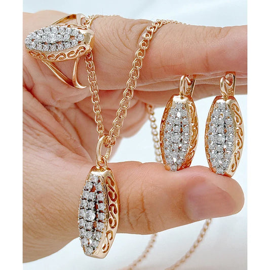Kinel Hot 585 Rose Gold Color Ethnic Bridal Jewelry Sets Full Shiny Natural Zircon Ring Earrings Necklace for Women Fine Jewelry
