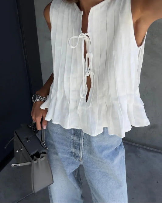 Fashion Bow Lace Up Shirts Women Cotton Linen Hollow Out Sleeveless