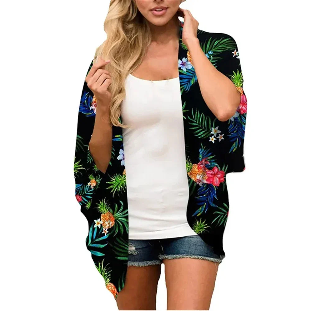 Women'S Swimwear 2023 Cardigans For Women Clearance Fashion Womens Middle Short Sleeve Print Chiffon Cardigan Beach Loose Tops