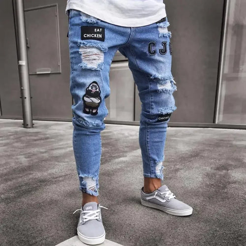 Punk Plus Size Pants Men Skinny Ripped Hole Patchwork Jeans Slim