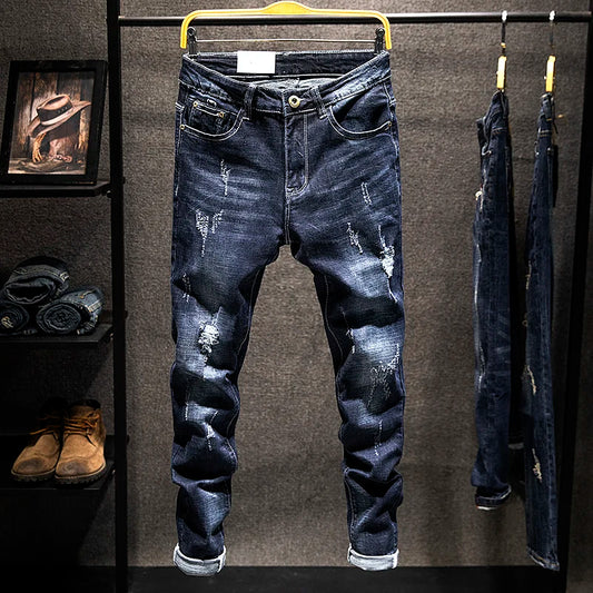 2024 New Ripped Jeans Men Slim-fit Denim Pants Cotton Korean Style