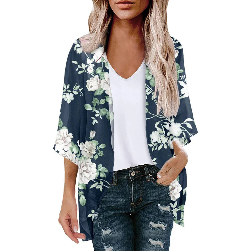 New Women Chiffon Blouse Kimono Tops Cardigan Leaves Print Beach Blouse Shawl Loose Hawaiian Outwear Swim Cover Up  Beach Wear