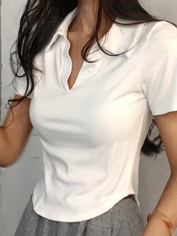 Summer Short Sleeve Lapel Top Women'S Solid V-Neck Pullovers Retro