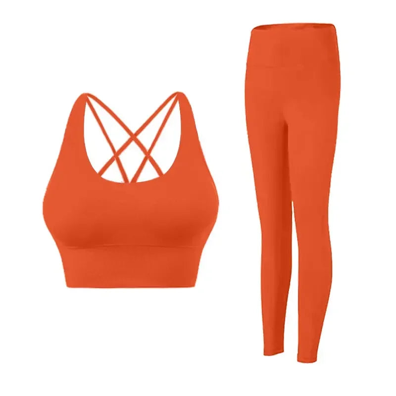 2 Piece Yoga Set Solid Color Women's High Waisted Leggings Tight-fitting Quick-drying Running Underwear Cross Bra Fitness Suit