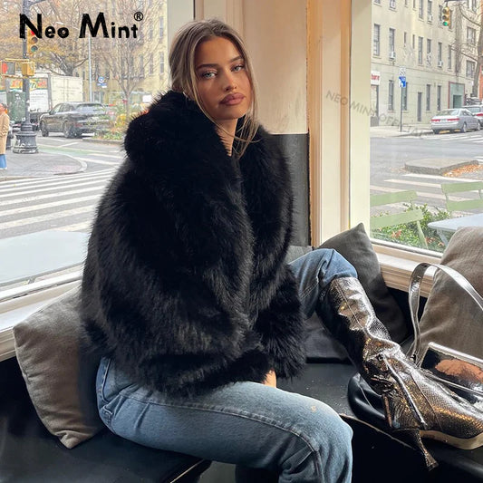 Neo Mint Street Fashion Shawl Collar Faux Fox Fur Coat Women 2024