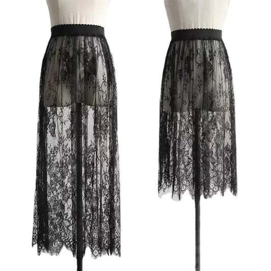 2 Length Elegant Black Skirt White Lace Transparent Long Tulle Skirt