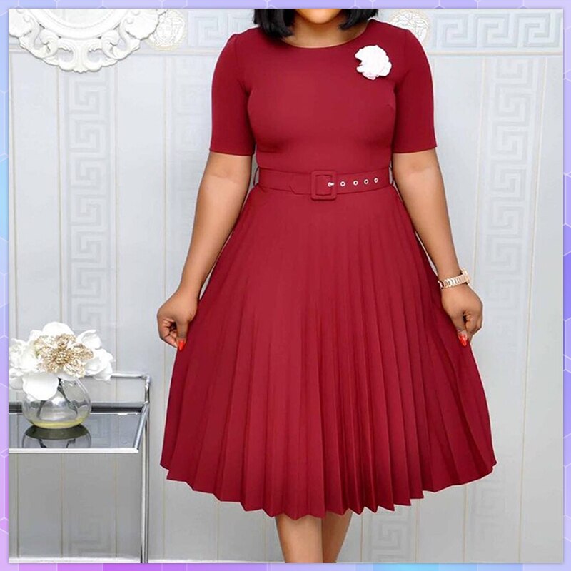 Summer Plus Size Pleated S-3xl Dress Ladies O-neck Short Sleeve Solid