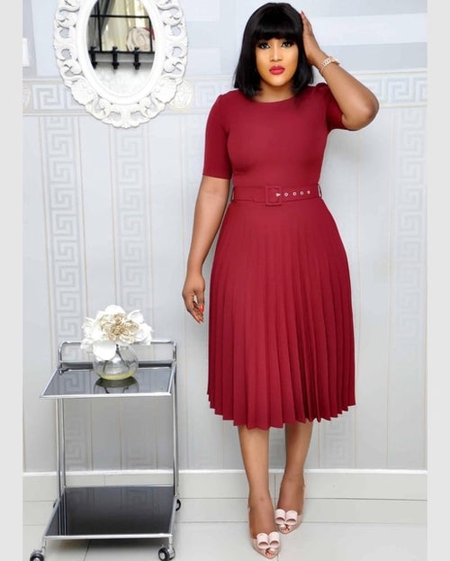 Summer Plus Size Pleated S-3xl Dress Ladies O-neck Short Sleeve Solid