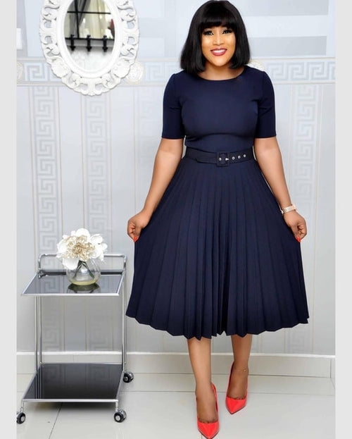 Summer Plus Size Pleated S-3xl Dress Ladies O-neck Short Sleeve Solid