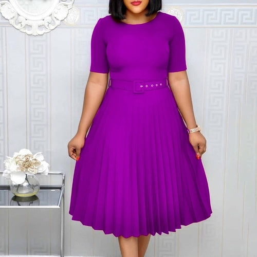 Summer Plus Size Pleated S-3xl Dress Ladies O-neck Short Sleeve Solid