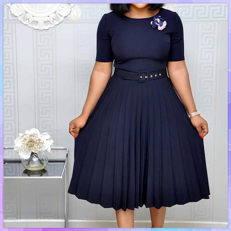 Summer Plus Size Pleated S-3xl Dress Ladies O-neck Short Sleeve Solid