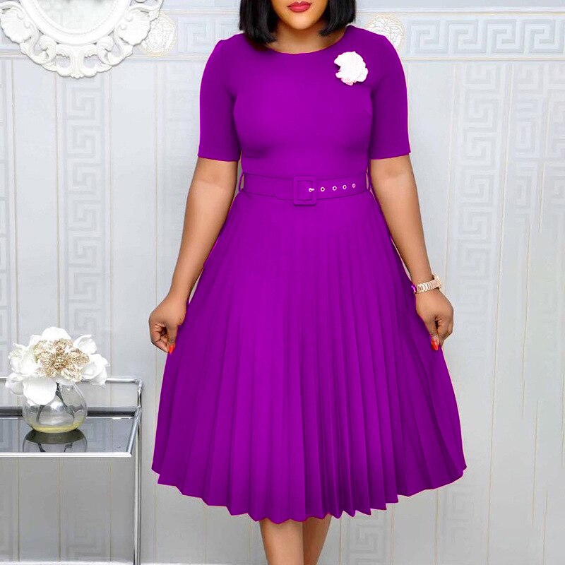 Summer Plus Size Pleated S-3xl Dress Ladies O-neck Short Sleeve Solid