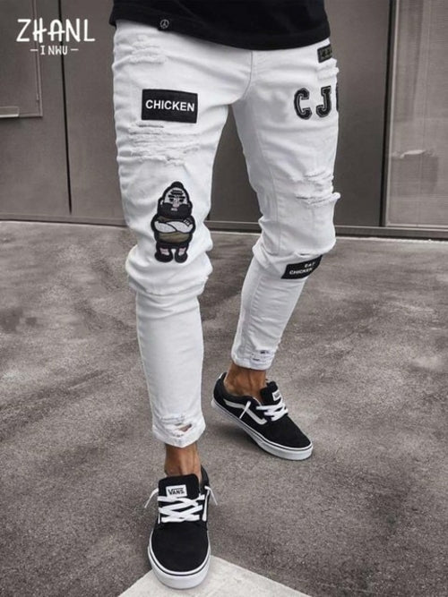 White Embroidery Jeans Men Cotton Stretchy Ripped Skinny Jeans High