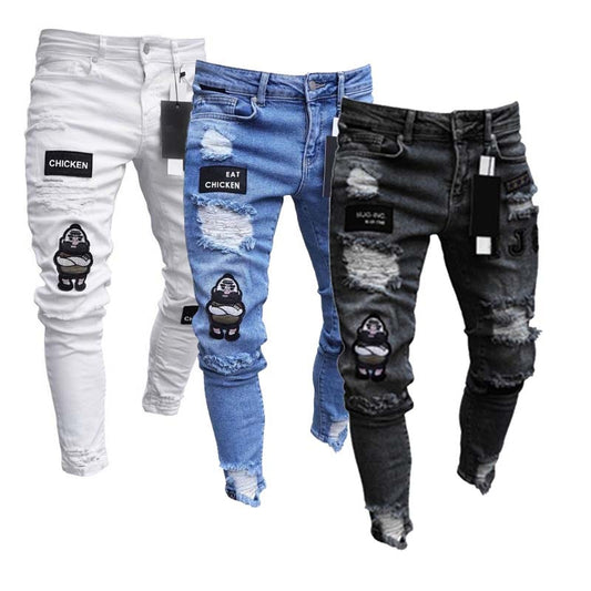 White Embroidery Jeans Men Cotton Stretchy Ripped Skinny Jeans High