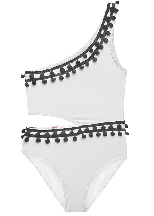 White Side-Cut Swimsuit with Black Pom Poms
