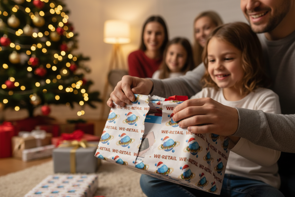 Family unwrapping WE-RETAIL presents