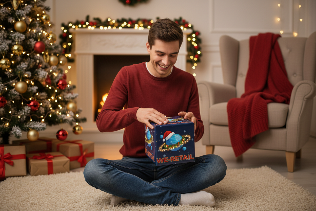 Person opening WE-RETAIL gift by tree